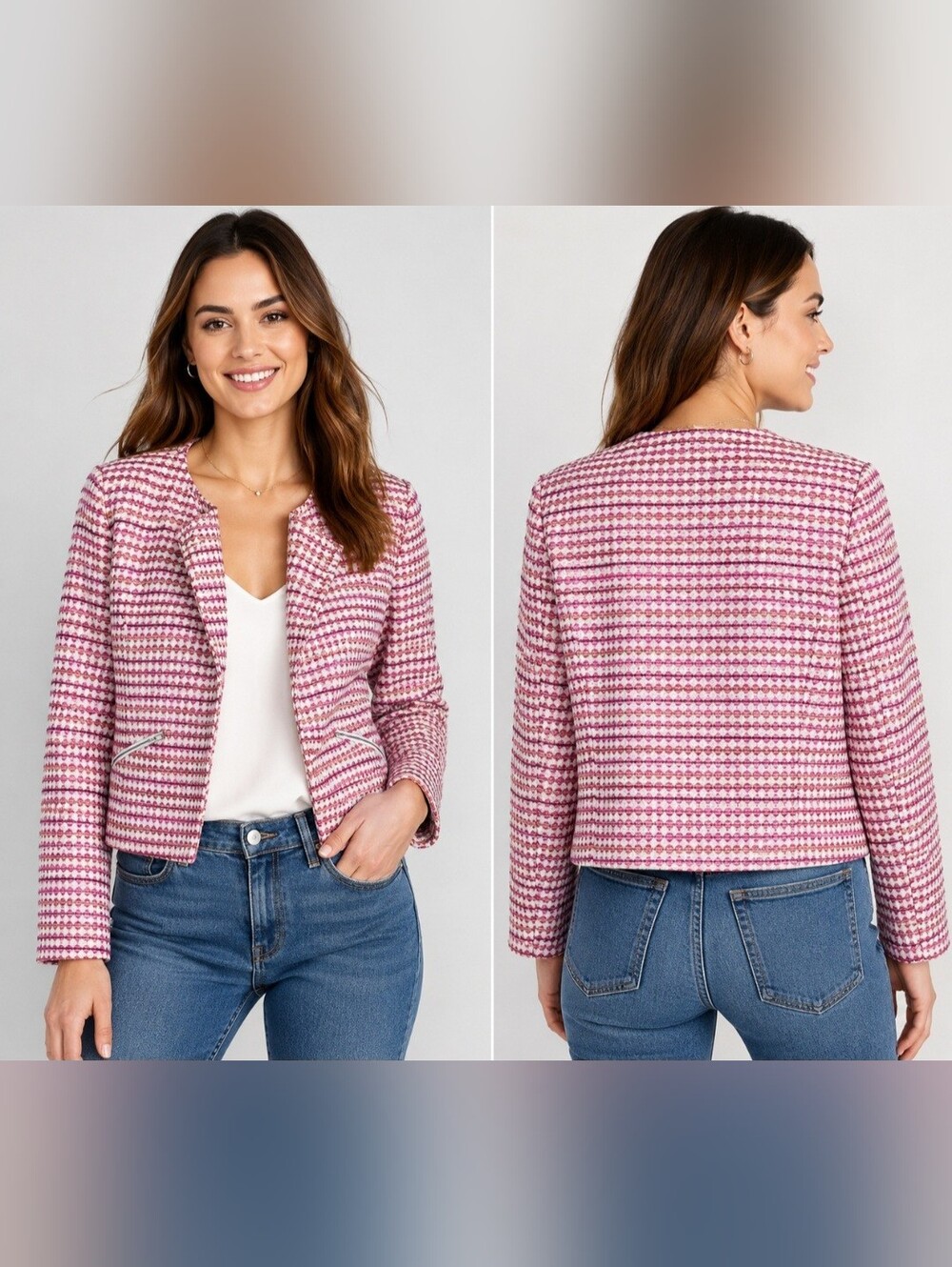 Halogen Pink Textured Cropped Open Front Jacket Blazer Medium Petite